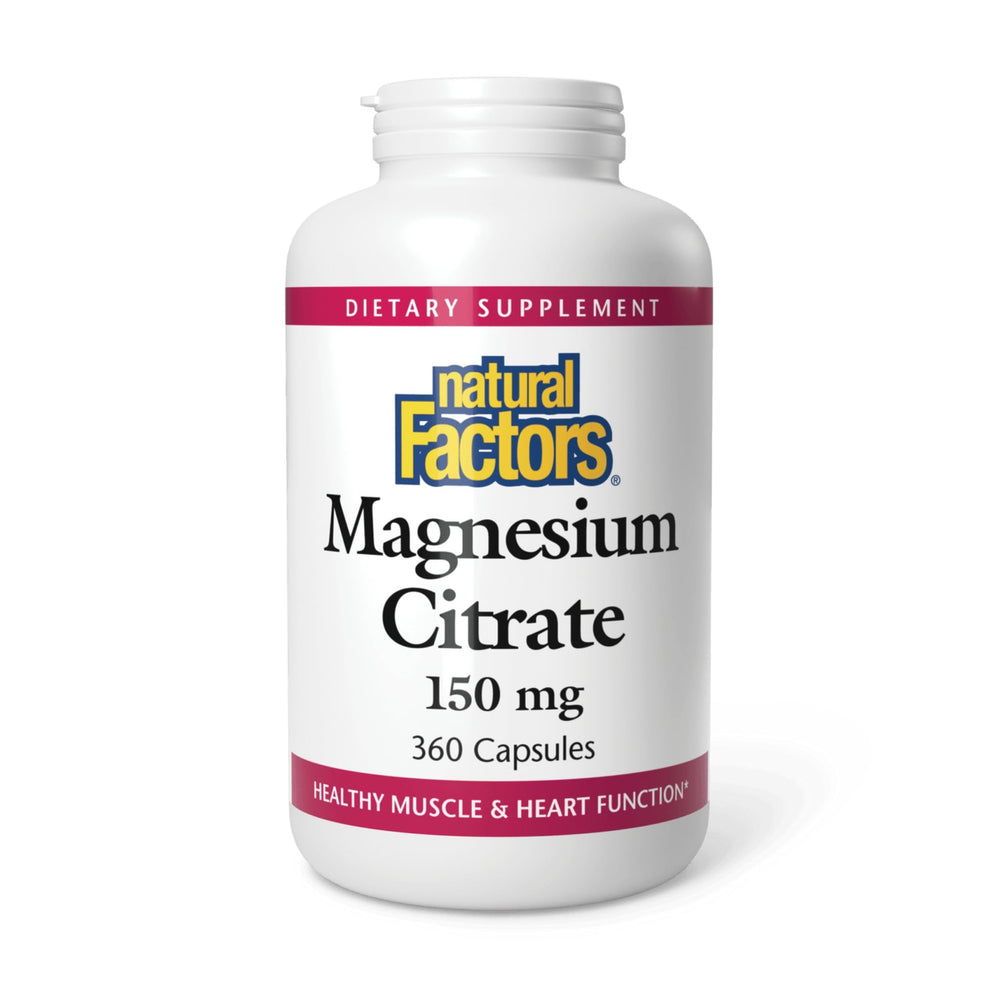 Natural Factors Magnesium Citrate 360 capsules bottle supports daily muscle and heart health.