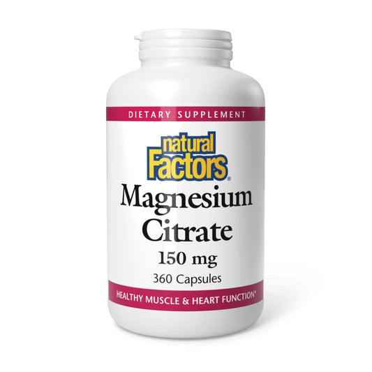 Natural Factors Magnesium Citrate 360 capsules bottle supports daily muscle and heart health.