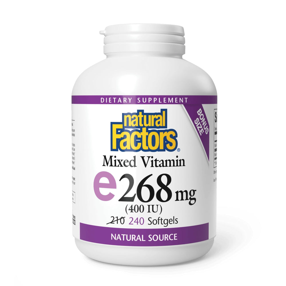 Natural Factors Mixed Vitamin E 400 IU bottle front view highlights antioxidant protection