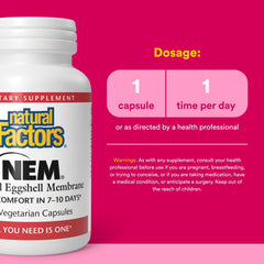 Natural Factors NEM label view highlighting eggshell membrane source