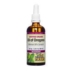 Natural Factors Oil of Oregano bottle highlighting high carvacrol content.