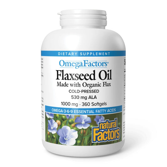 Natural Factors OmegaFactors flaxseed oil bottle shows high ALA omega-3 content