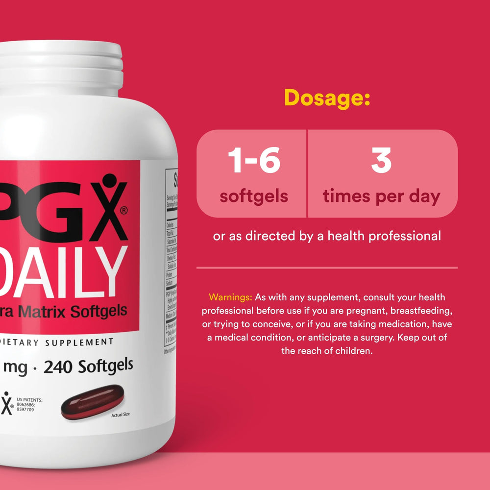 Natural Factors PGX Daily Ultra Matrix softgels poured from the bottle for easy dosing