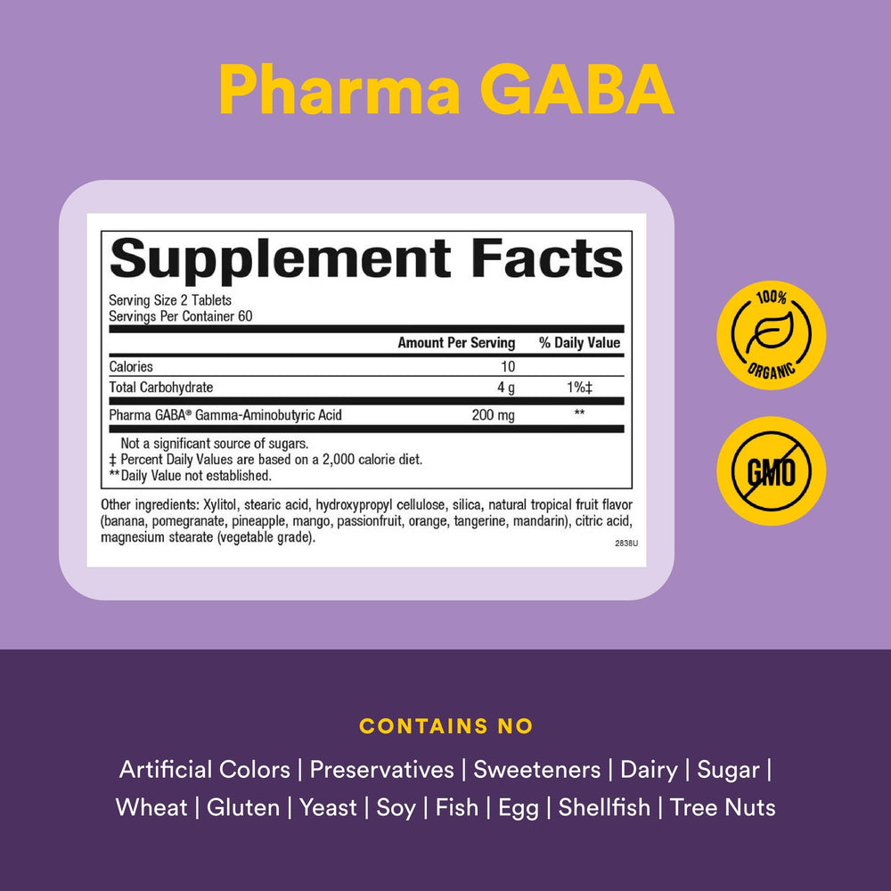 Pouring shot of Pharma GABA bottle conveys easy daily use.