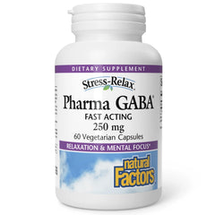 Natural Factors Pharma GABA bottle on a clean countertop promoting calm daily use