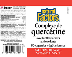 Natural Factors Quercetin Complex capsules beside a glass of water.