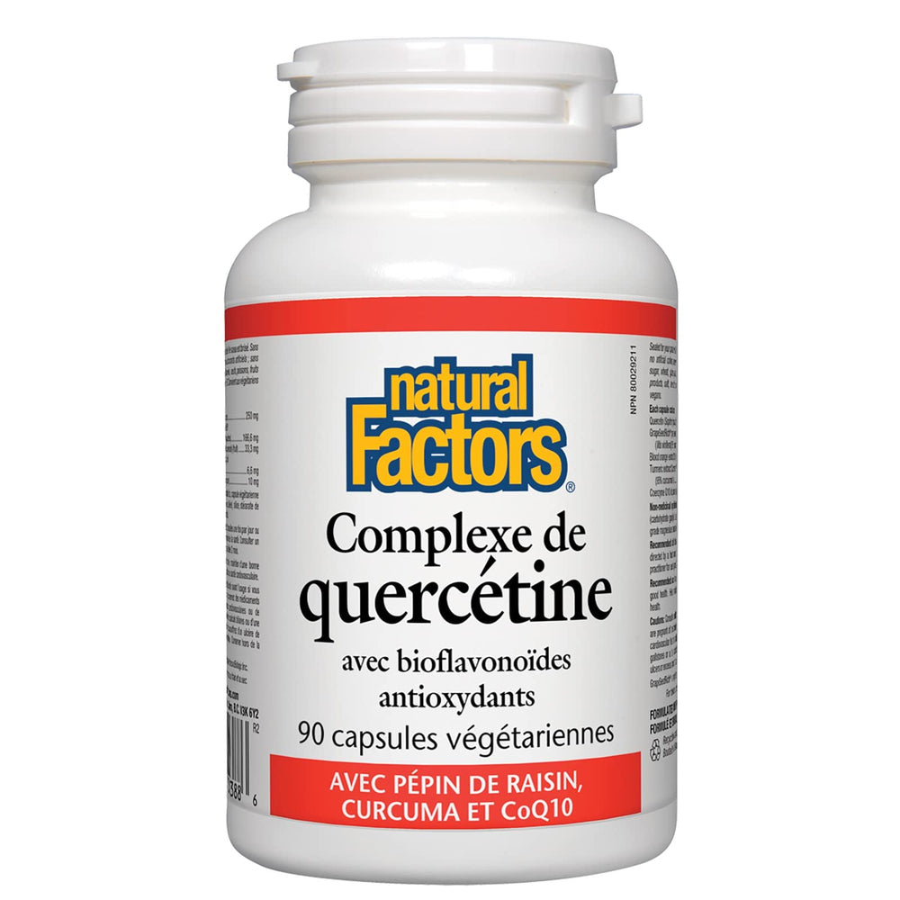 Sealed Natural Factors Quercetin Complex bottle resting on a clean surface.