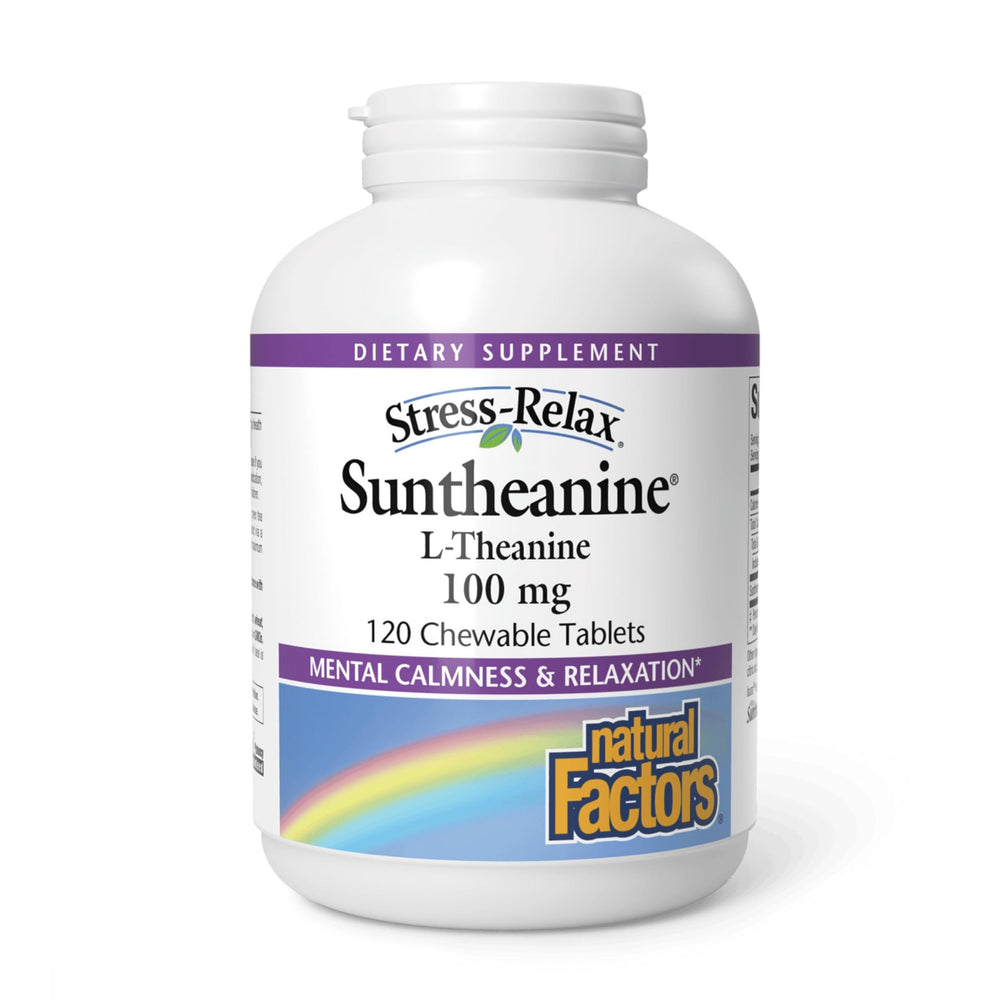 Natural Factors Suntheanine 100mg bottle close-up suggesting calm mood potential.
