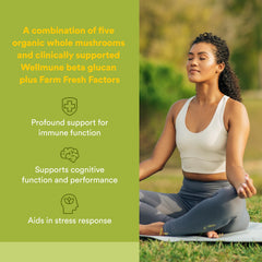 Natural Factors Super Mushroom capsules closeup highlighting plant-based beta glucan benefits