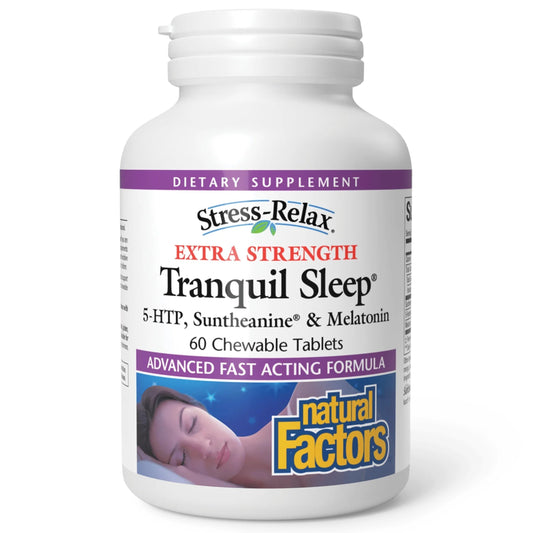 Natural Factors Tranquil Sleep bottle on a nightstand supports calming, uninterrupted rest.