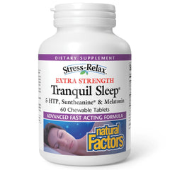 Natural Factors Tranquil Sleep bottle on a nightstand supports calming, uninterrupted rest.