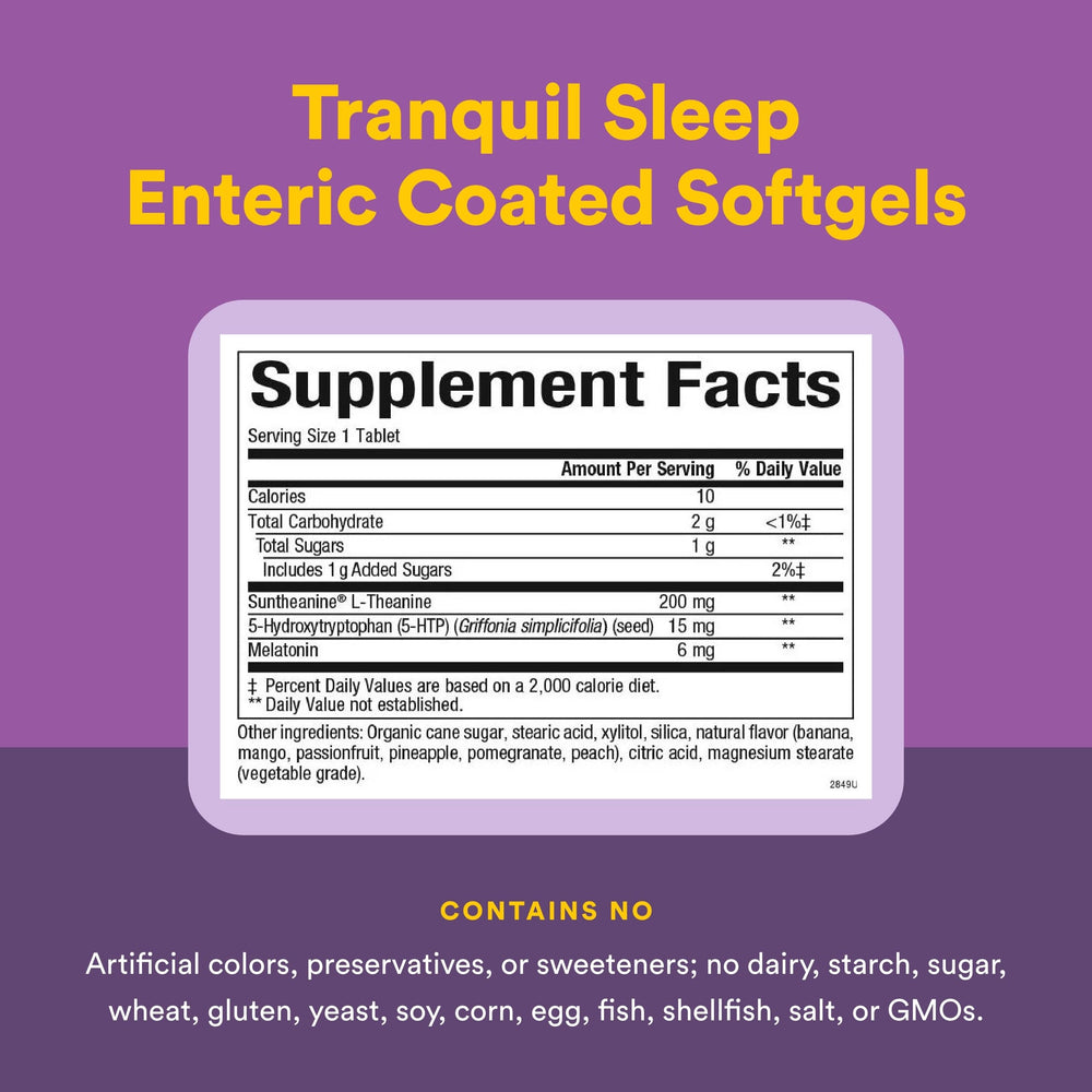 Natural Factors Tranquil Sleep allergen-free formula is dairy-, gluten-, and GMO-free.