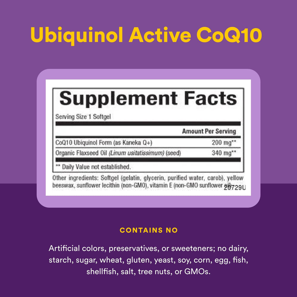 Natural Factors Ubiquinol 200 mg softgel label front for trust and purity.
