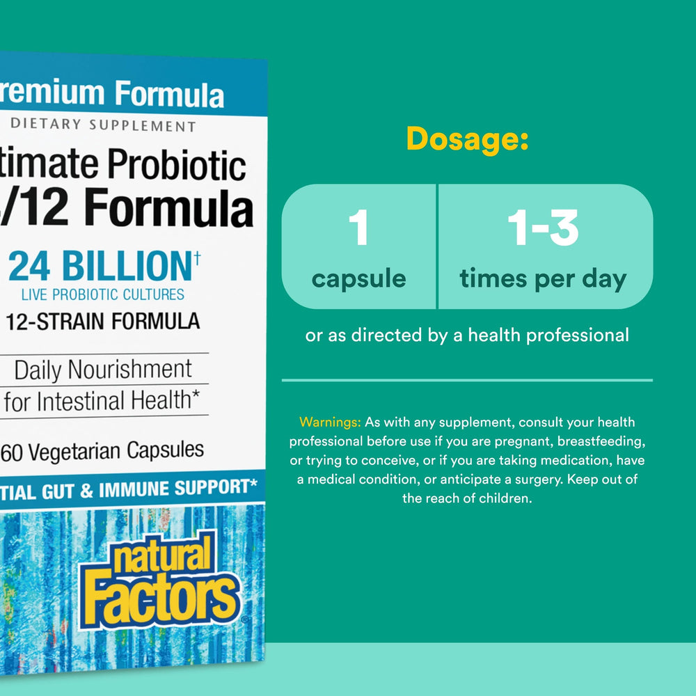 Natural Factors Ultimate Probiotic 24/12 label close-up highlighting multi-strain formula for nutrient absorption.