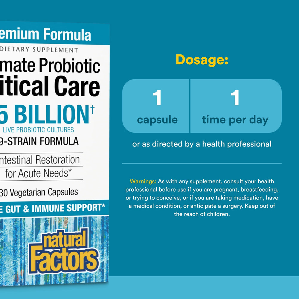 Natural Factors Ultimate Probiotic Critical Care capsules closeup showing gastro-resistant coating for targeted delivery