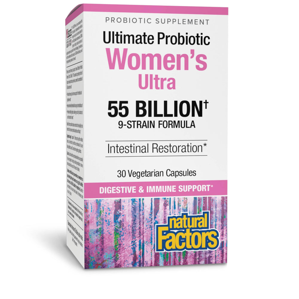 Natural Factors Ultimate Probiotic Womens Ultra 55 Billion bottle supports gut balance and digestive comfort.