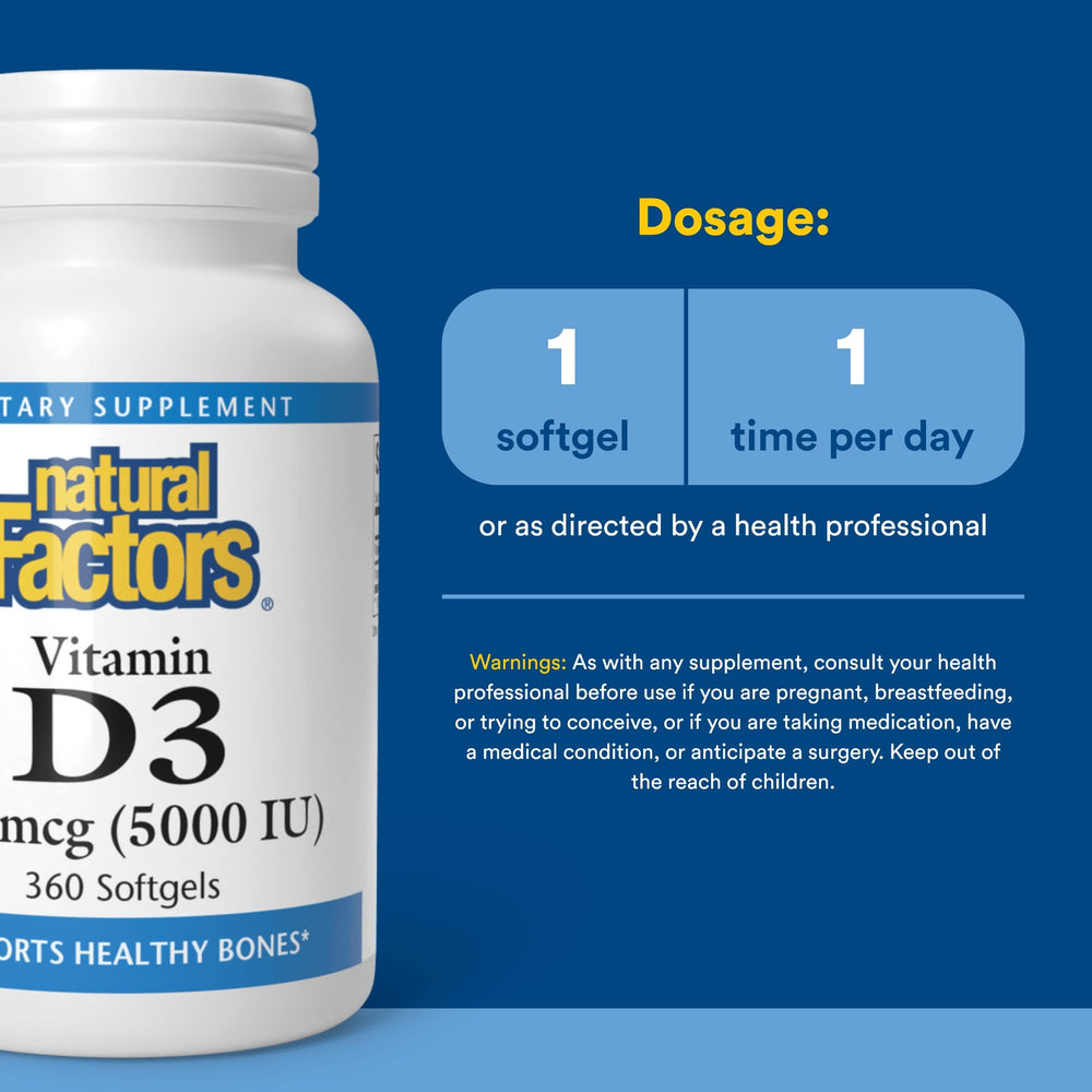 Natural Factors Vitamin D3 5000 IU bottle on table demonstrates immune support potential.