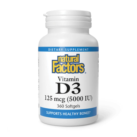 Natural Factors Vitamin D3 5000 IU softgel bottle supports bone health.