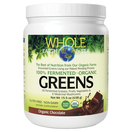 Natural Factors Whole Earth & Sea chocolate greens bottle for convenient daily nutrition.