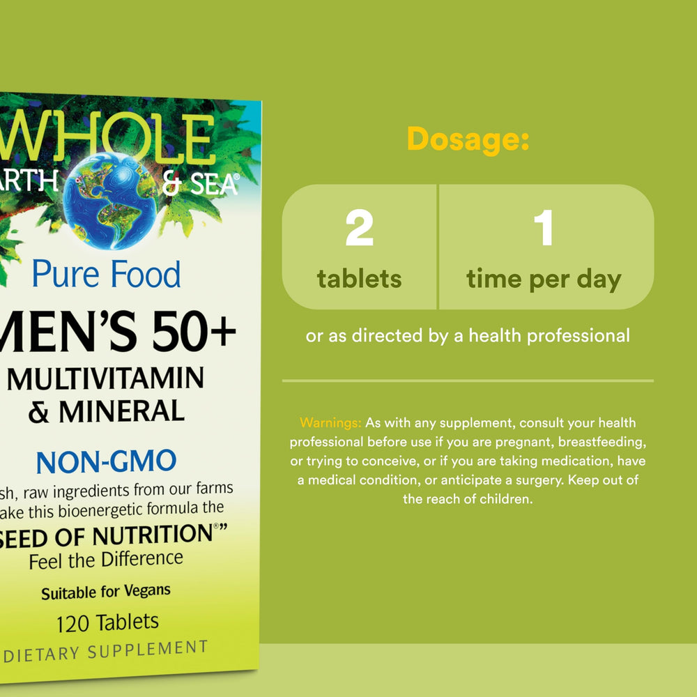 Natural Factors Whole Earth & Sea Men's 50+ label highlights vegan, non-GMO formulation.