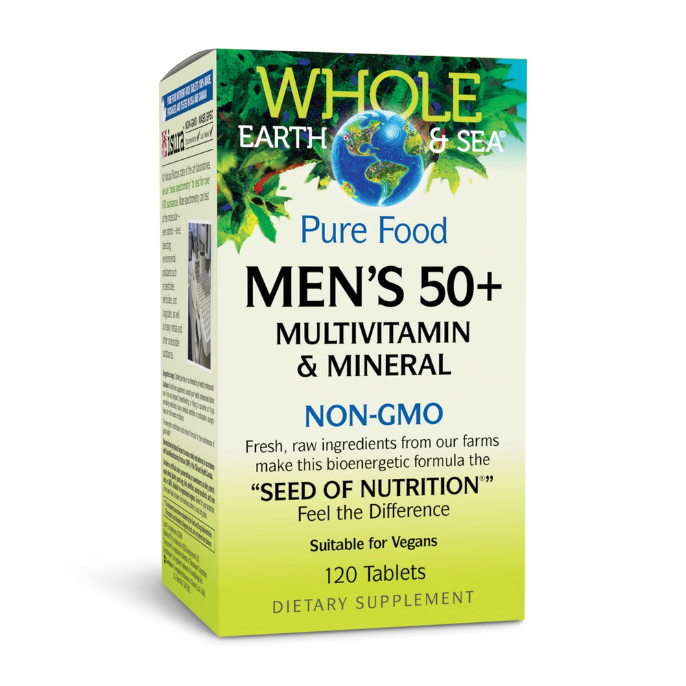 Natural Factors Whole Earth & Sea Men's 50+ multivitamin bottle supports daily wellness.