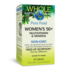 Natural Factors Whole Earth & Sea 50+ multivitamin bottle highlighting bone and brain support