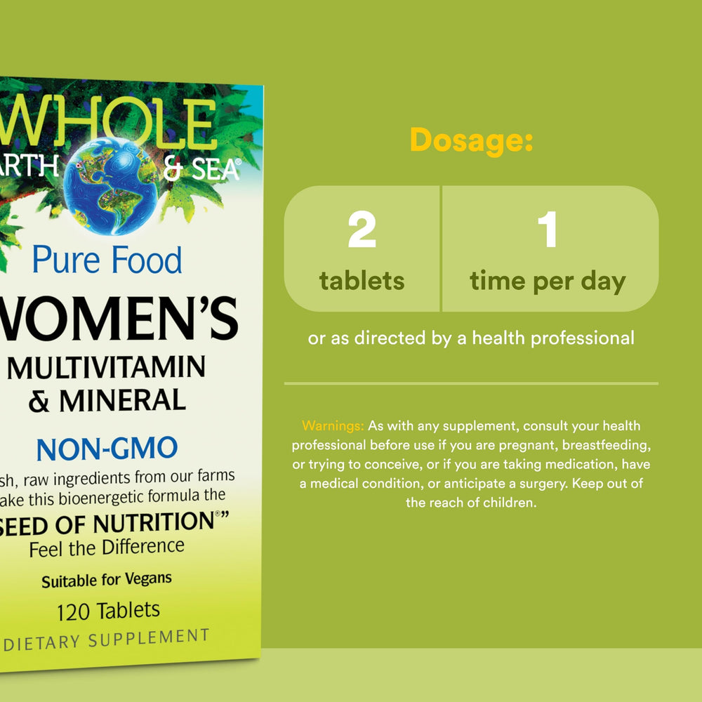 Natural Factors women's multivitamin label nutrition facts highlight iron and plant-based vitamin C