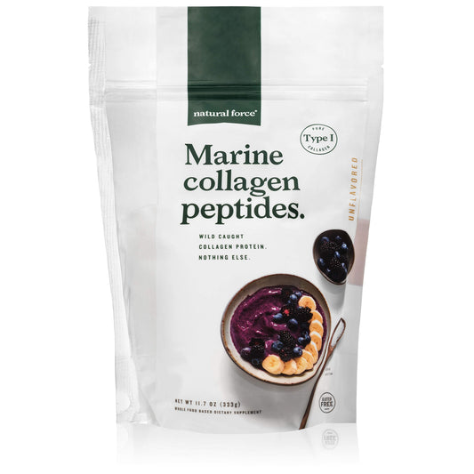 Natural Force Marine Collagen Bottle shows unflavored powder for joints and skin.