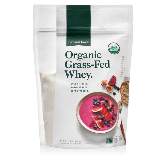 Natural Force grass-fed whey powder bag showing pure, single-ingredient protein.