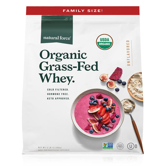 Natural Force grass-fed whey powder container—pure protein source for daily shakes.