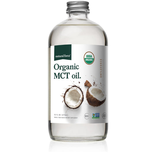 Natural Force MCT Oil in a pure glass bottle for pristine storage and freshness.