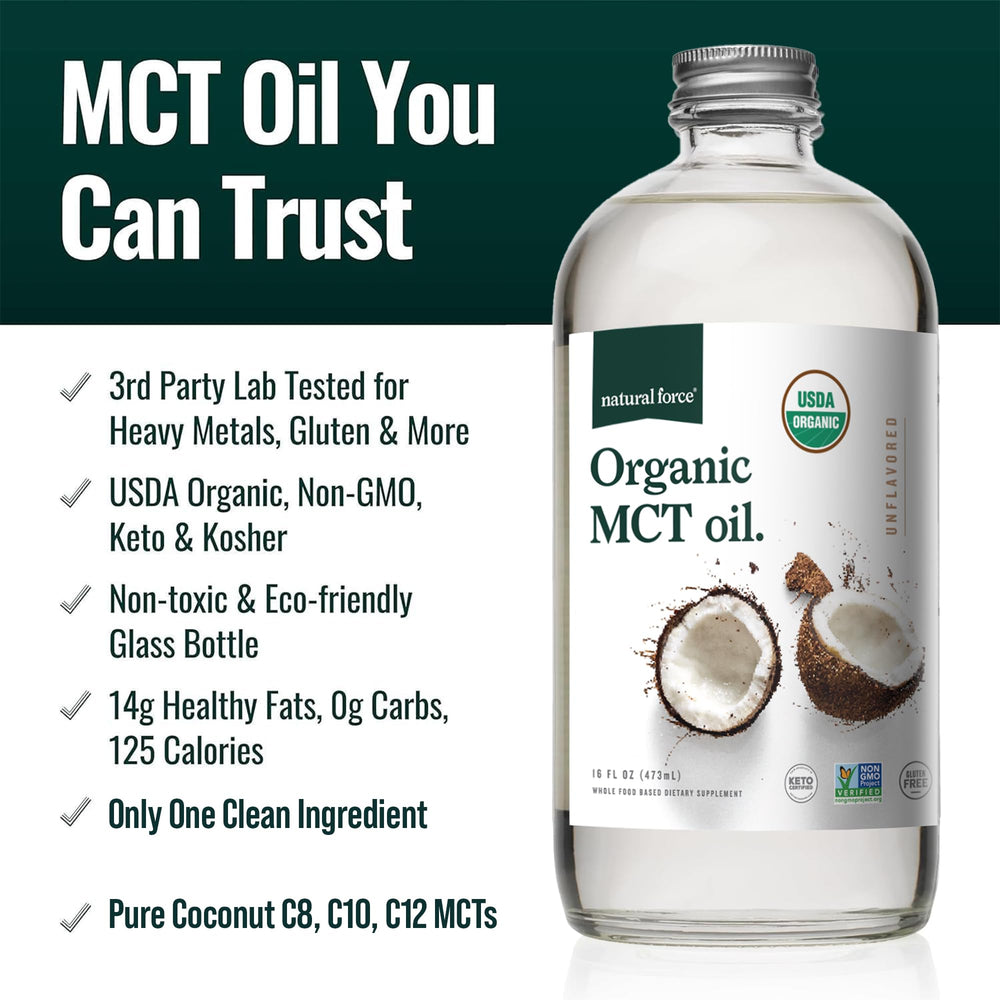 Natural Force MCT Oil from virgin coconut oil supports keto and low-carb routines.