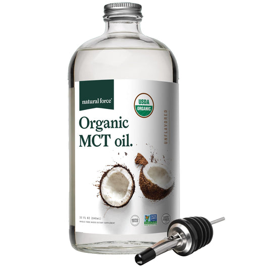 Natural Force Organic MCT Oil bottle in glass, ideal for keto coffee and light cooking.