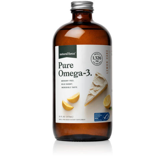 Natural Force Pure Omega-3 lemon bottle front label, convenient daily omega-3 source
