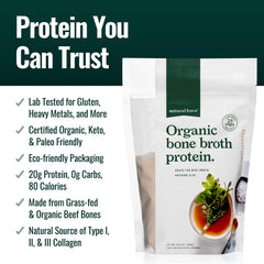 Natural Force bone broth protein being stirred into soup shows versatile cooking use