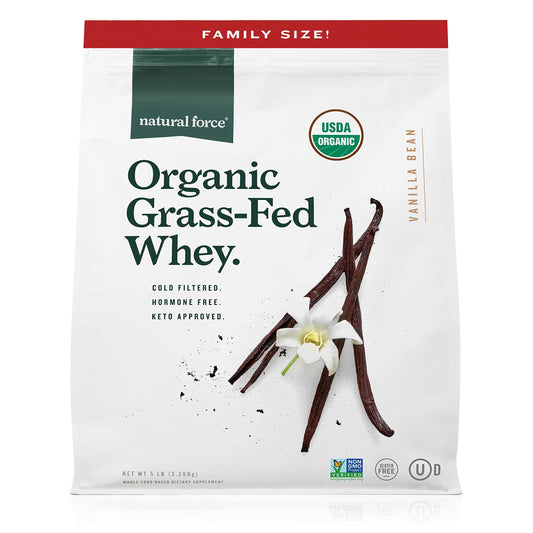 Natural Force grass-fed organic whey pouch front showing clean ingredients.
