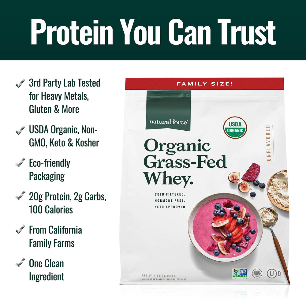 Natural Force whey powder label shows organic certification and purity.