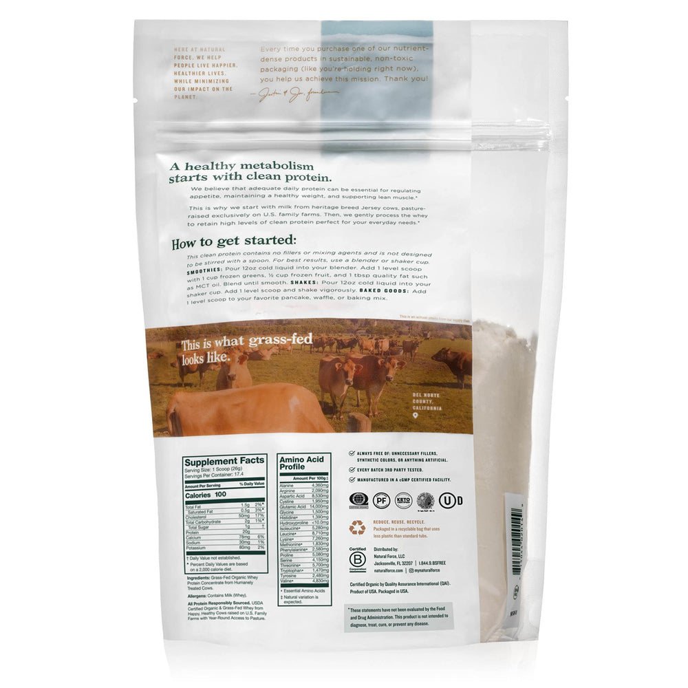 Natural Force whey protein unflavored scoop highlights keto-friendly, low-carb nutrition.