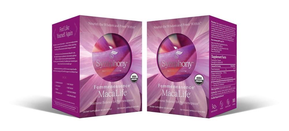 Femmenessence MacaLife bottle showcases organic vegan formula for perimenopause balance.