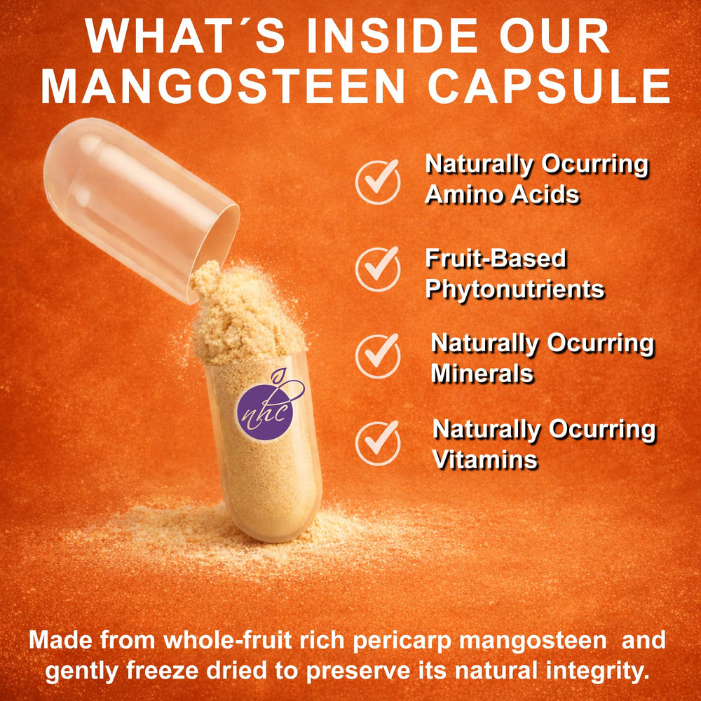 Natural Home Cures mangosteen pericarp powder jar highlights nutrient richness