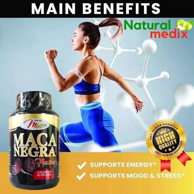 Natural Medix Maca Negra packaging on shelf, signaling a trusted Peruvian formula