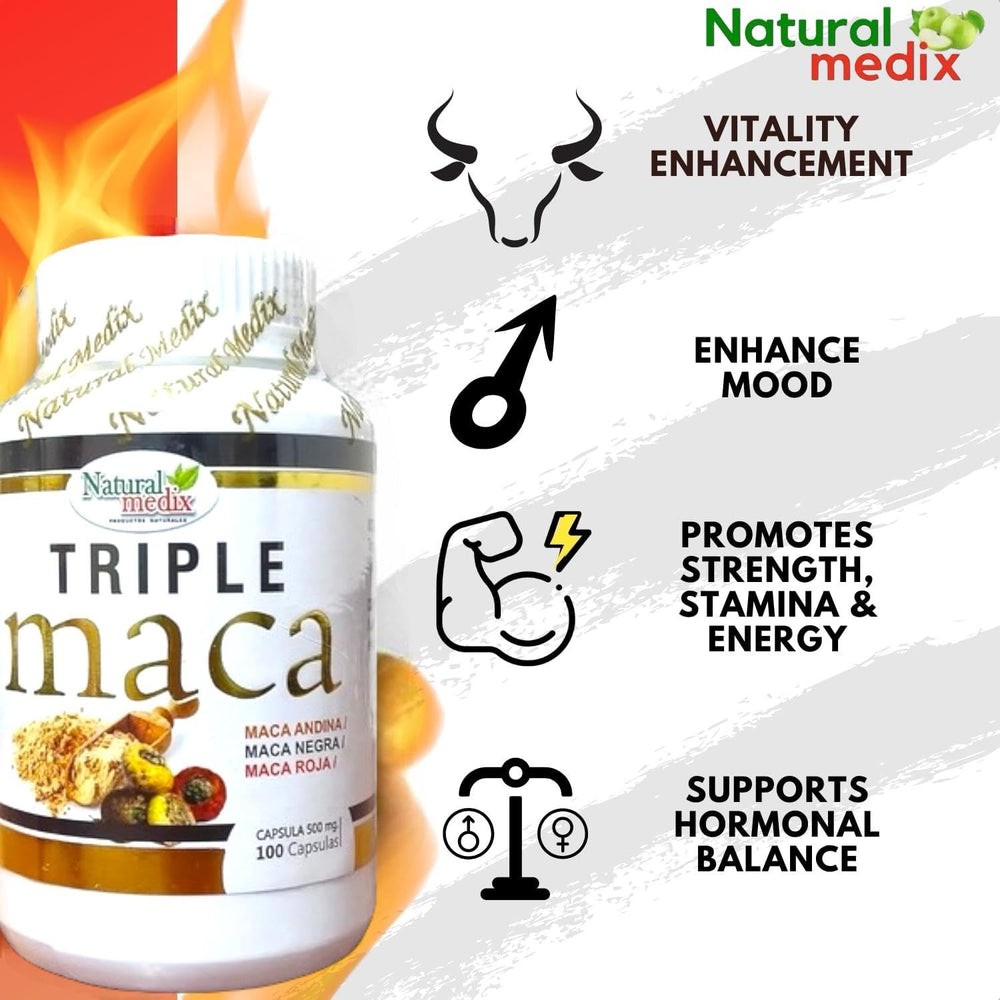 Natural Medix Triple Maca capsules close-up, implying sustained daily energy.
