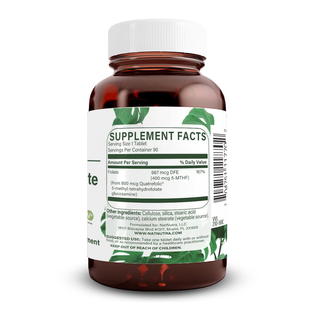 Natural Nutra Active Methyl Folate bottle label highlights Quatrefolic 5-MTHF for absorption