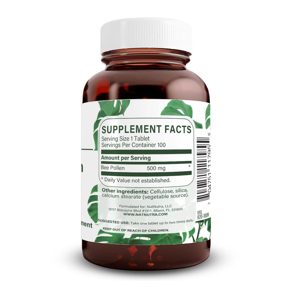 Natural Nutra Bee Pollen 500 mg bottle hero image highlighting premium supplement