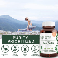 Natural Nutra Bee Pollen 500 mg tablets being poured for daily use