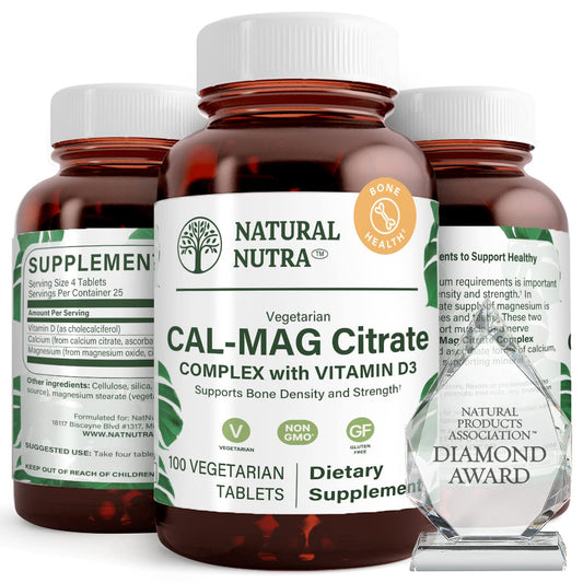 Natural Nutra Cal-Mag Citrate bottle showing balanced minerals for bone support