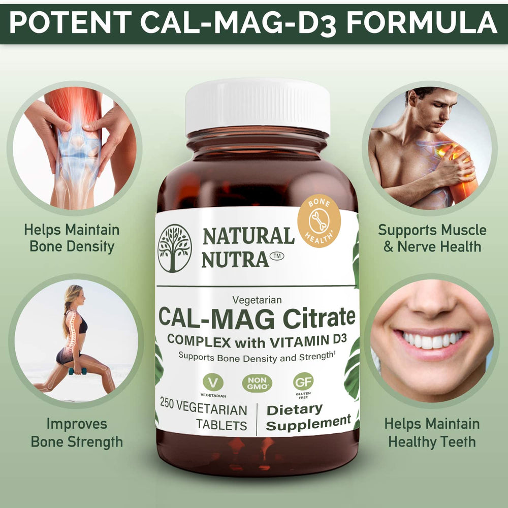 Natural Nutra Cal-Mag Citrate dosage scoop with tablets for daily use.