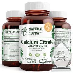 Natural Nutra Calcium Citrate D3 tablets in a bottle for strong bones.