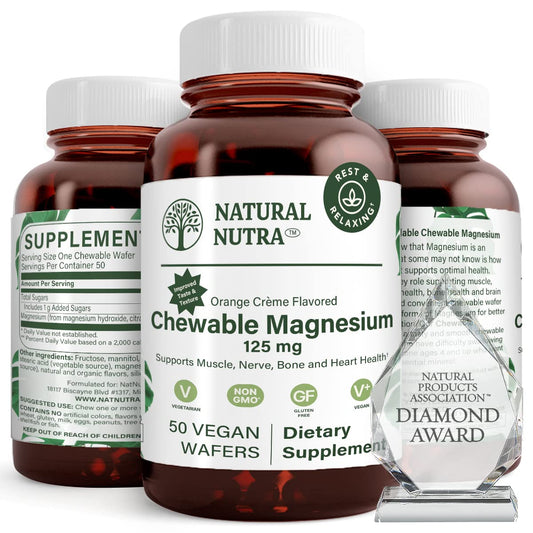 Natural Nutra magnesium bottle, convenient daily chewables for your routine.