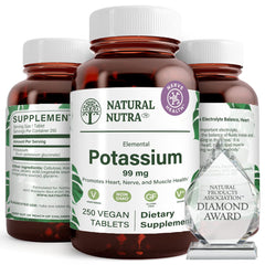 Natural Nutra Elemental Potassium Gluconate bottle in amber glass promotes purity and eco-friendly packaging.
